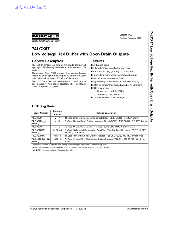 Fairchild 74LCX07 Low Voltage Hex Buffer with Open Drain Outputs - Data Sheet - Page 1