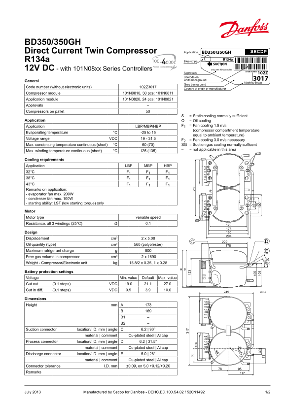 Danfoss BD350 350GH Direct Current Twin Compressor R134a 12V DC - With 101N08xx Series Controllers Datasheet - Page 1