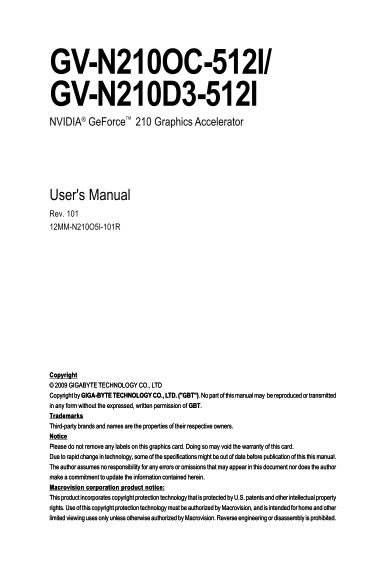 Gigabyte GV-N210OC-512I GV-N210D3-512I NVIDIA GeForce 210 Graphics Accelerator User's Manual - Page 1