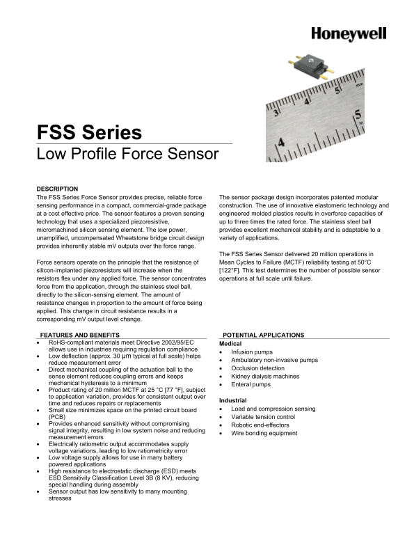 Honeywell FSS Series Low Profile Force Sensors Product Documentation - Page 1