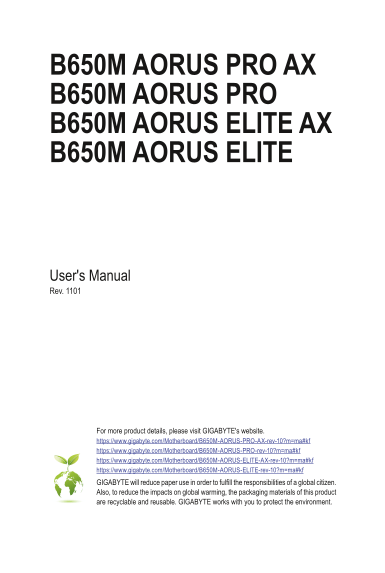 GIGABYTE Motherboard B650M AORUS ELITE (Rev.1.0) User Manual - English (Version 1101) - Page 1