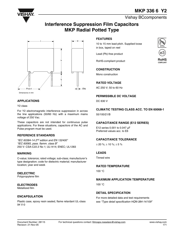 Vishay BC Components MKP 336 6 Y2 Interference Suppression Film Capacitors MKP Radial Potted Type Data Manual - Interference Suppression Film Capacitors - Page 1