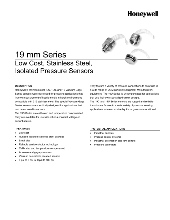 Honeywell 19 mm Series Product Documentation - Page 1
