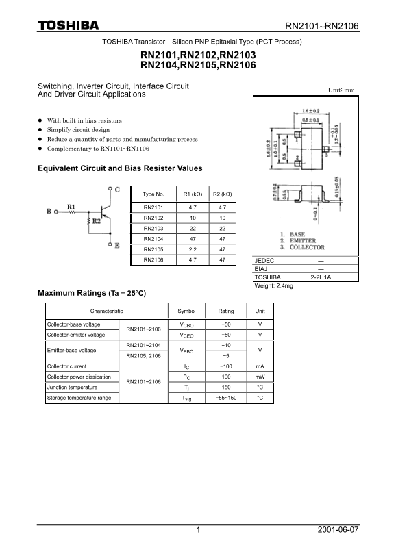 Toshiba RN2101~RN2106 Data Manual - Page 1