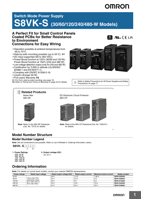 OMRON Power Supply Other Switching Power Supplies (60 120 240 480W Type) S8VK-S S8VK-S Data Sheet - Page 1