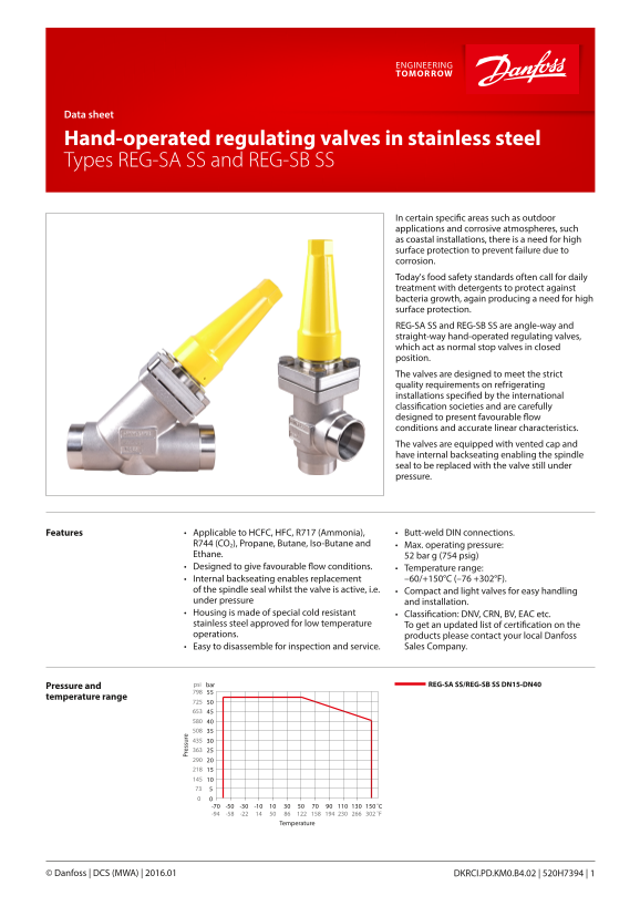Danfoss Hand-Operated Regulating Valves in Stainless Steel - REG-SA SS and REG-SB SS Data Sheet - Page 1