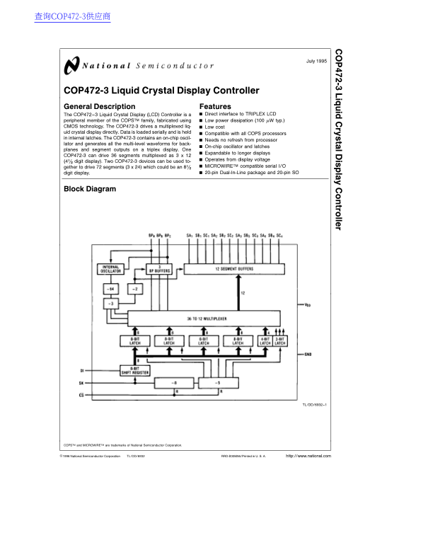 National Semiconductor COP472-3 LCD Display Controller Data Sheet & Manual - Page 1