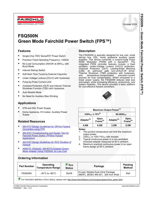 Fairchild FSQ500N Green Mode Power Switch - Fairchild FPS Data Handbook - Page 1
