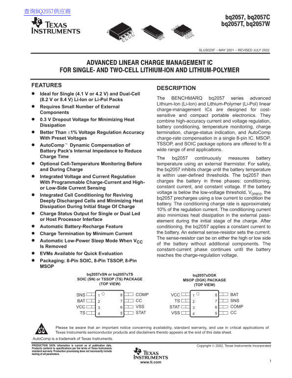 Texas Instruments bq2057c Data Sheet / Manual - Page 1