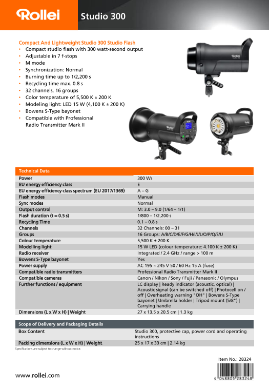Rollei Studio 300 & 500 - Studio Flash Data Sheet - Studio 300 (EN) - Page 1