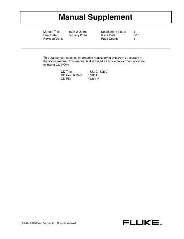 Fluke 1623-2 KIT Earth Ground Resistance Tester 1623-2 User Manual Addendum - Page 1