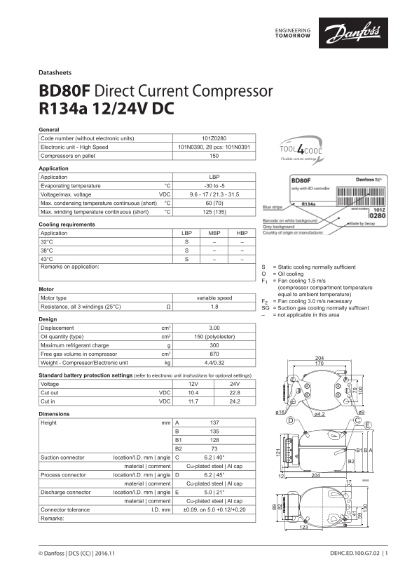 Danfoss BD80F Direct Current Compressor R134a 12-24V DC Datasheet - Page 1