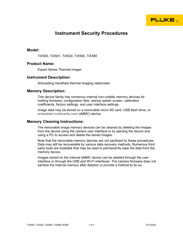 Fluke TiX560 Infrared Camera TiX500, TiX501, TiX520, TiX560, TiX580 Memory Volatility Statement - Page 1