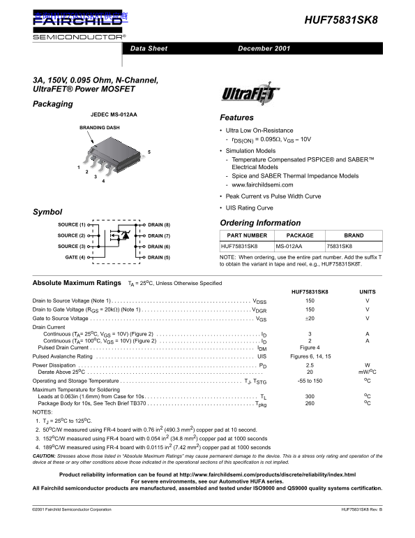Fairchild HUF75831SK8 Data Handbook - Page 1
