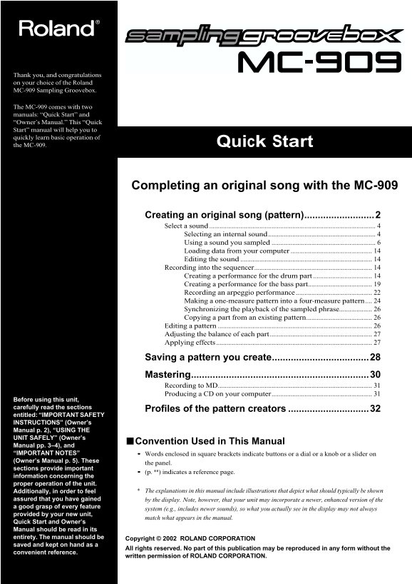 Roland MC-909 Sampling Groovebox Quick Start User Manual - Page 1