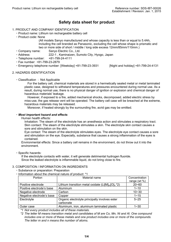 Acer Chromebook R 11CB5-132TB Battery MSDS UN383 CNAS COO for Air Transportation User Manual - Page 1