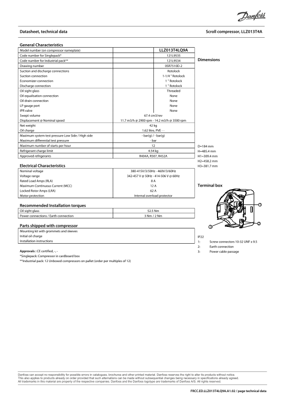Danfoss Datasheets LLZ013T4A - Page 1