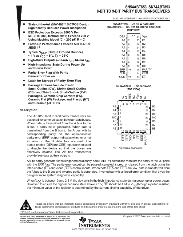 Texas Instruments SN54ABT853, SN74ABT853 8-Bit to 9-Bit Parity Bus Transceivers Datasheet Manual - Page 1