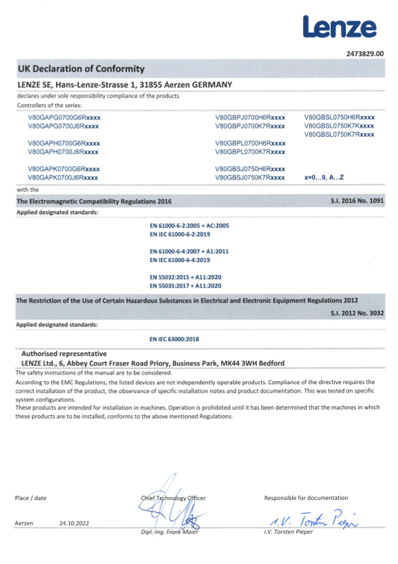 Lenze Controls-Industrial PCs Industrial PC v800 Industrial PC v800-C Certification and Declaration UKCA DoC Industrial-PC v800 (Language EN) - Page 1