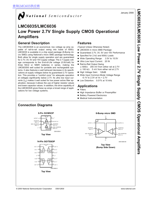 National Semiconductor LMC6035 LMC6036 Low Power 2.7V Single Supply CMOS Operational Amplifiers Data Sheet Owner's Manual - Page 1