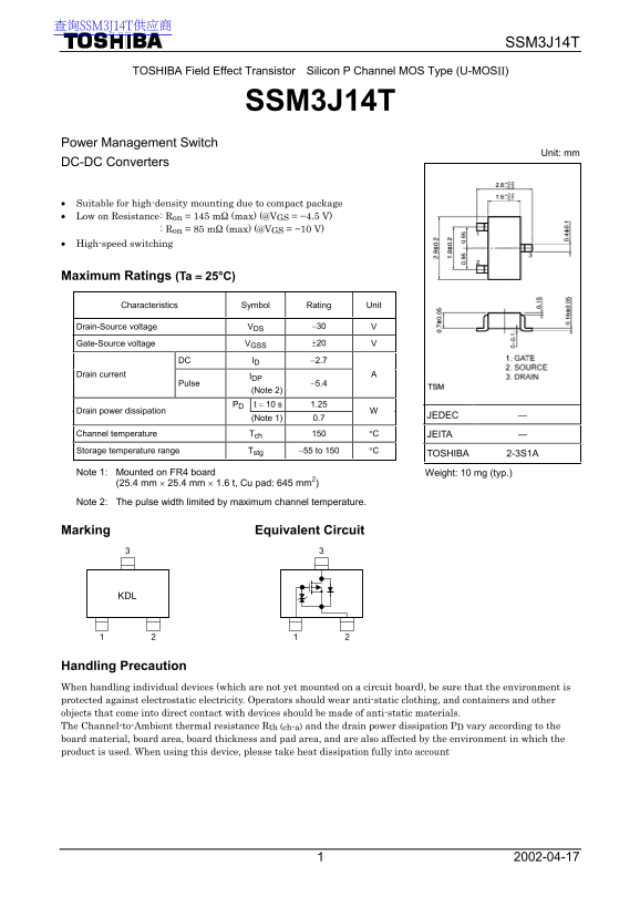Toshiba TOSHIBA Field Effect Transistor Silicon P Channel MOS Type (U-MOSII) SSM3J14T Data Handbook - Page 1