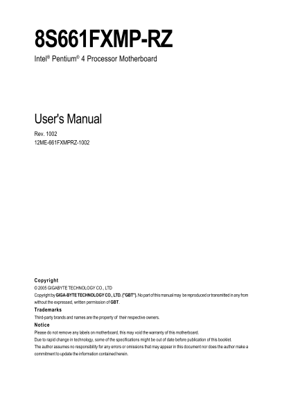 GIGABYTE 8S661FXMP-ROZ User's Manual - Page 1