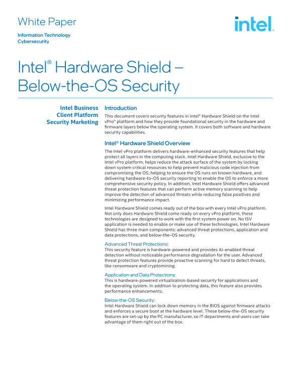 Intel Hardware Shield - Operating System Security White Paper - Page 1