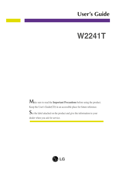 LG 20~29" W2241T-PF ACN Product Specification English - Page 1
