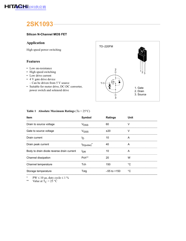 Hitachi 2SK1093 Data Sheet - Page 1