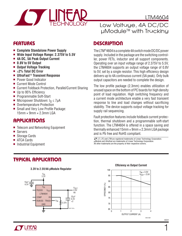 LINEAR TECHNOLOGY LTM4604 User Guide Specifications and Instructions for Use - Page 1