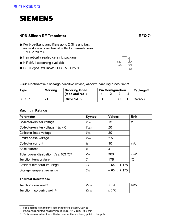 Siemens BFQ 71 Data Sheet - Page 1