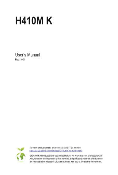 Gigabyte Motherboard H410M K (Rev.1.0) User Manual - English (Version 1001) - Page 1