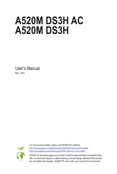 Gigabyte Motherboard A520M DS3H (Rev.1.x) User Manual English (Version 1301) - Page 1