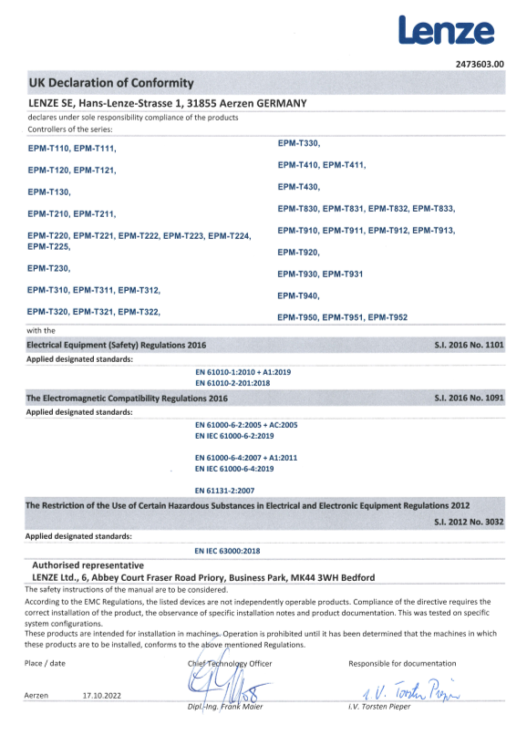 Lenze Controls-IO Systems IO System IP20 EPM-T1xx CAN PROFIBUS Bus Coupler Certification and Declaration UKCA DoC IO-System EPM-Txxx (Language EN) - Page 1
