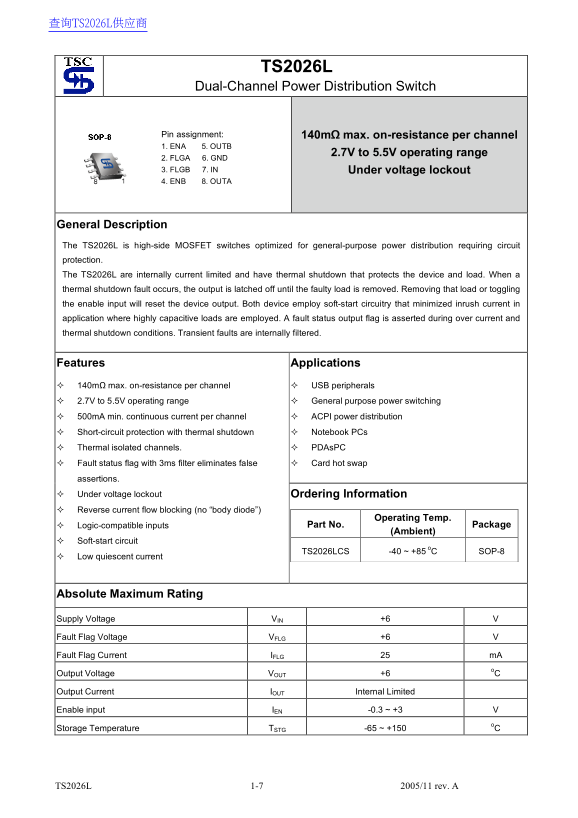 STC TS2026L Dual-Channel Power Distribution Switch User's Manual and Specifications - Page 1