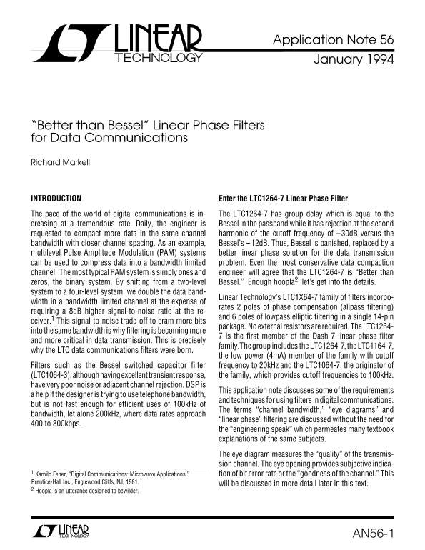LINEAR AN56 - Enhanced Performance over Bessel Filters for Data Communications Quick User Guide for Linear Phase Filters - Page 1