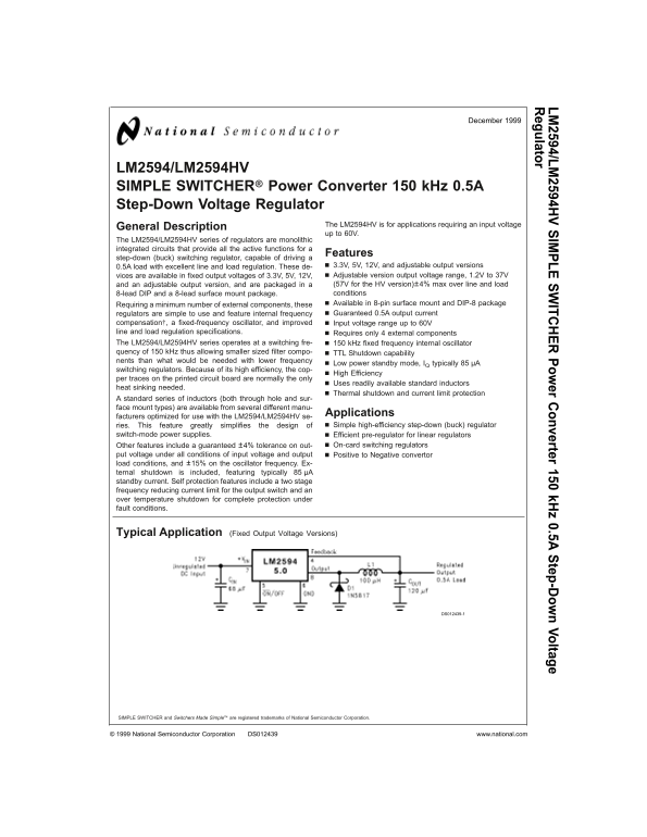 National Semiconductor LM2594 LM2594HV Simple Switcher® Power Converter 150 kHz, 0.5A Step-Down Voltage Regulator - Page 1