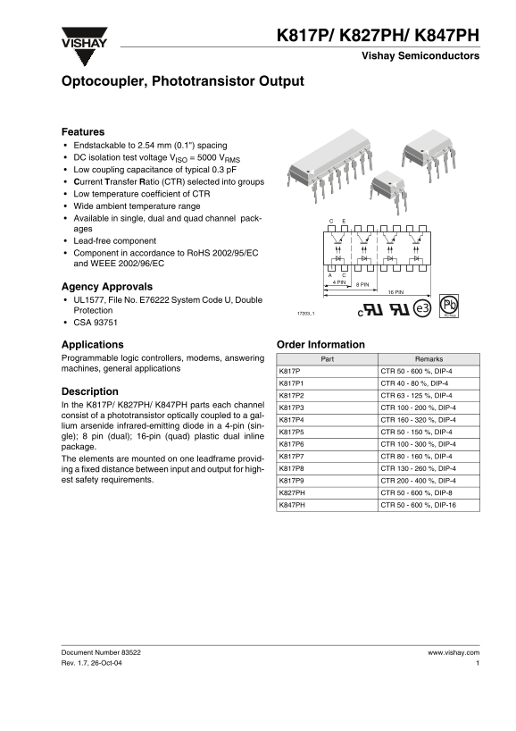 Vishay - K817P, K827PH, K847PH Data Handbook Specifications User Manual - Page 1