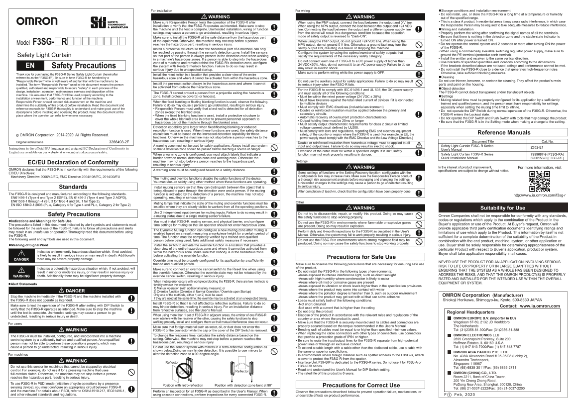 OMRON Safety Product F3SG-R Series F3SG-[]R[][][][][][][][] Safety Light Curtain Instruction Sheet (Safety Precautions) (ENG JPN) - Page 1
