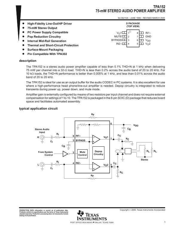 Texas Instruments TPA152 75-mW Stereo Audio Power Amplifier Data Sheet/Manual - Page 1