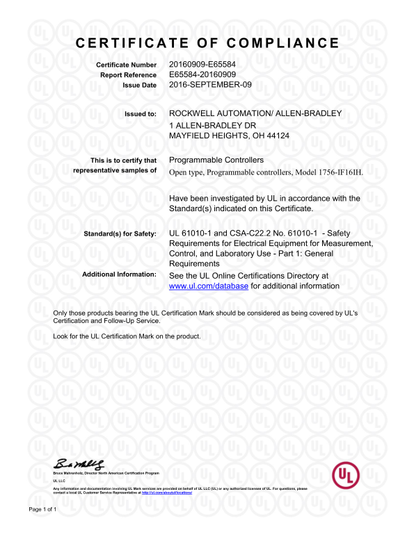 Rockwell Automation 1756-IF16 IH Isolated Analogue Input HART Module - UL CoC User Manual, Specifications Guide - Page 1