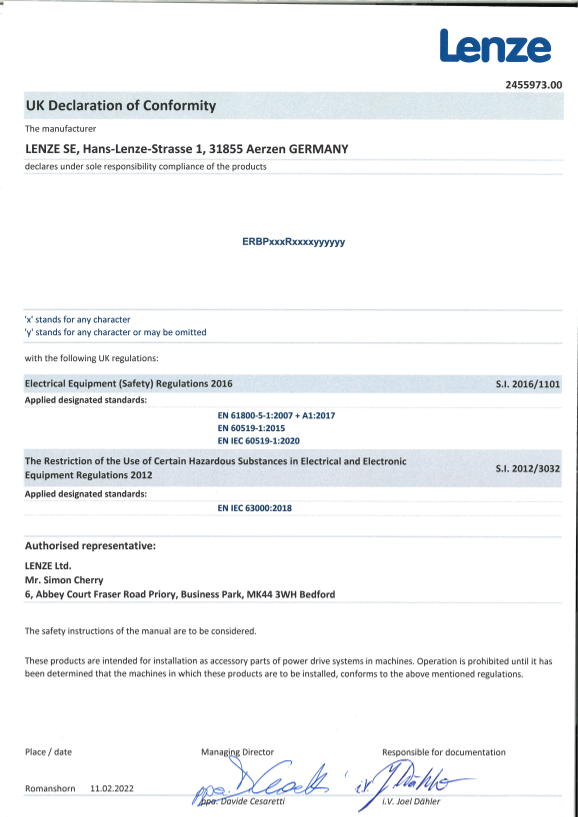 Lenze Accessories-System Extensions Brake Resistors Brake Resistor ERBP Certifications and Declarations UKCA DoC Brake Resistor ERBP (Language EN) - Page 1
