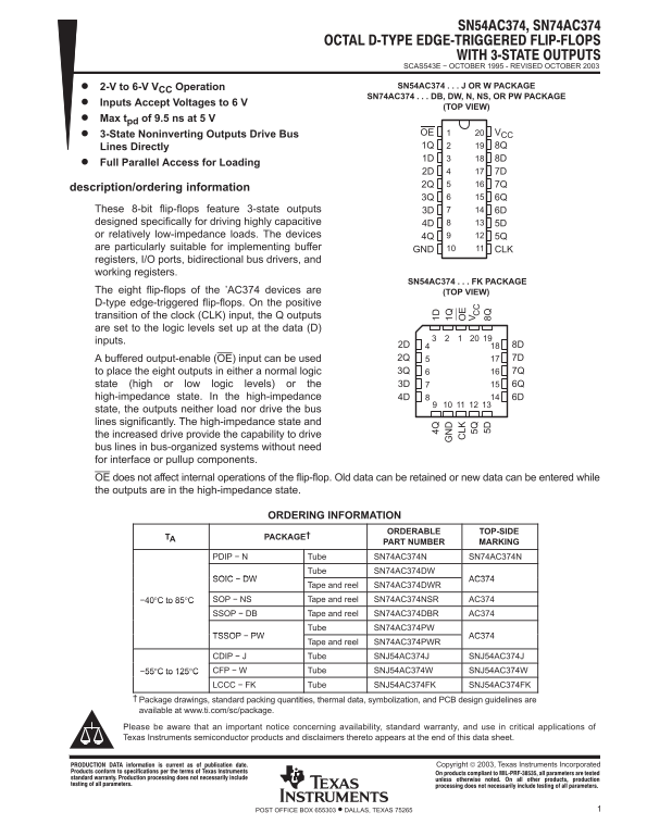 Texas Instruments SN54AC374 SN74AC374 Data Sheet Manual Description and Instructions - Page 1
