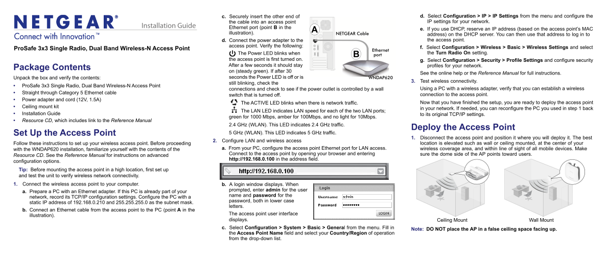 Netgear WNDAP620 — ProSAFE 3x3 Single Radio, Dual Band Wireless-N Access Point Installation Guide - Page 1