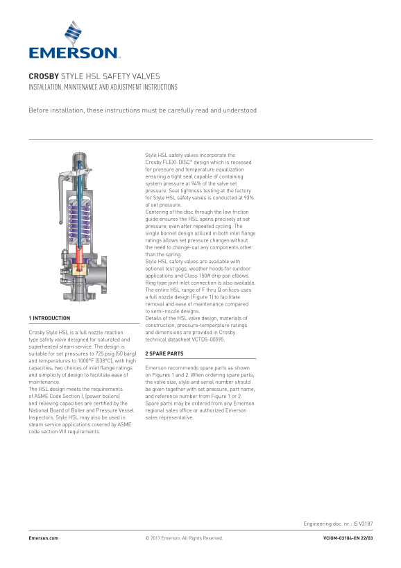 EMERSON Manuals Style HSL Safety Valves, Crosby-EN Manual - Page 1