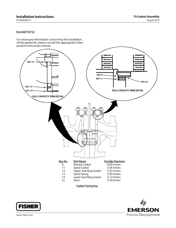 EMERSON Installation Instructions RGASKETXC52 Fisher - Page 1