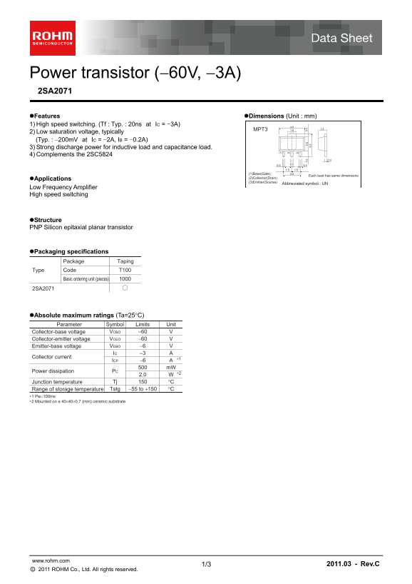 ROHM 2SA2071 Specifications and User Guide - Page 1