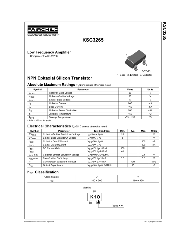 Fairchild KSC3265 NPN Epitaxial Silicon Transistor Data Handbook - Page 1