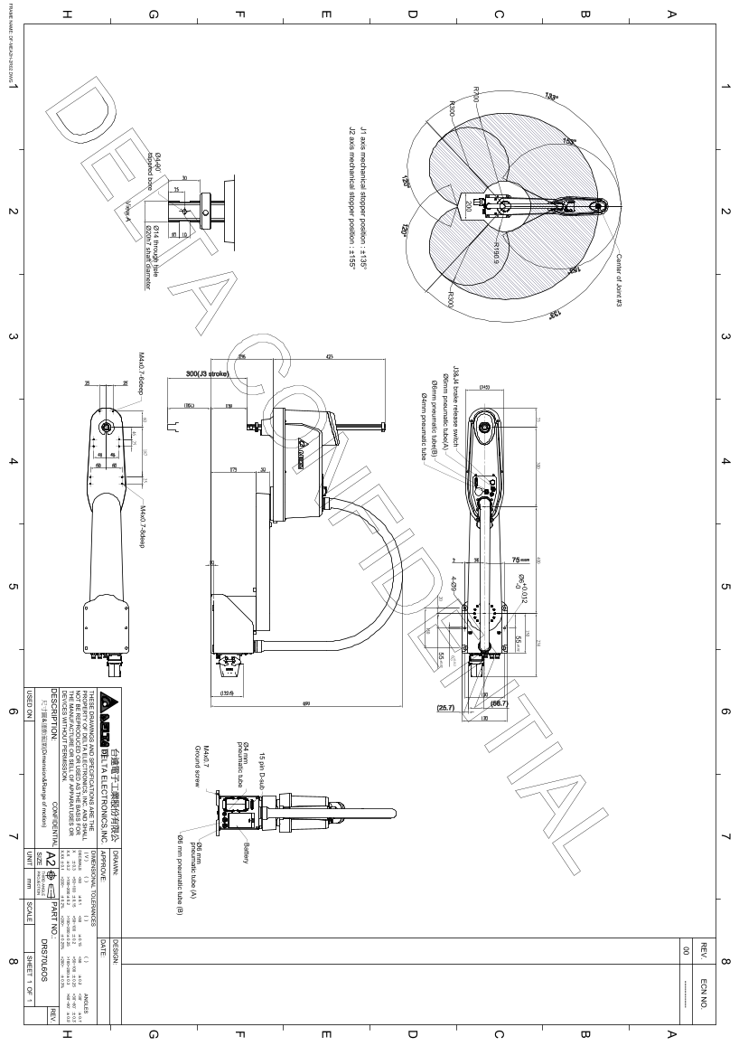 Delta DRS70L6OS Series Robot Appearance and Working Range Dimension Diagram - Page 1
