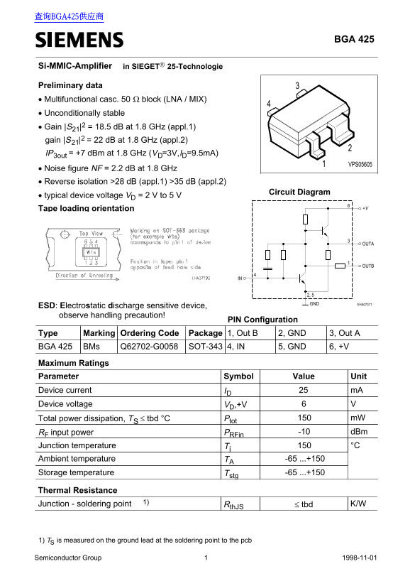 Siemens BGA 425 Data Handbook - Page 1